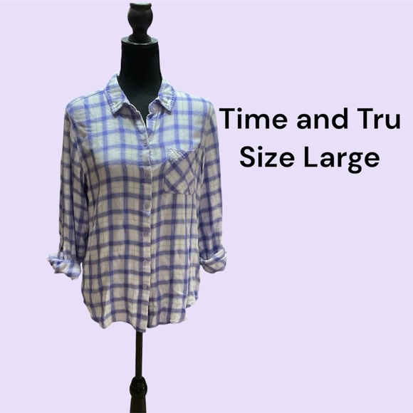 PURPLE & WHITE CHECKERED SHIRT BY TIME & TRU SEE DESCRIPTION - Picture 1 of 3